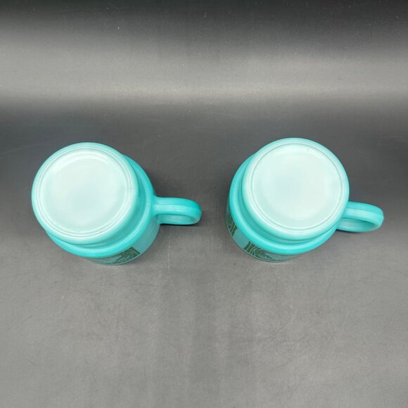 Vintage Milk Glass Mugs Hazel Atlas Teal Green Stacking Fruit Cherry Pear Apple - Picture 7 of 11